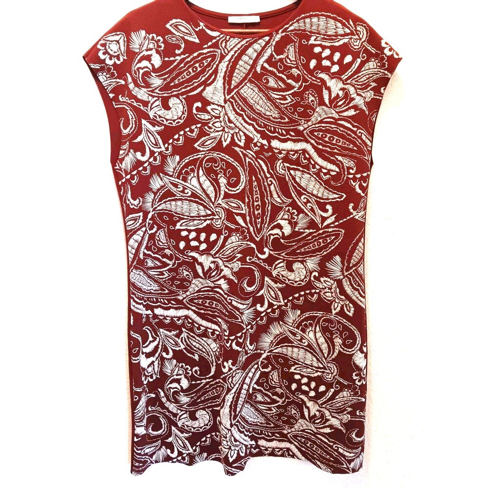 ZARA Basic Burgundy Paisley Embroidered Cap Sleeve Mini Shift Dress Size M